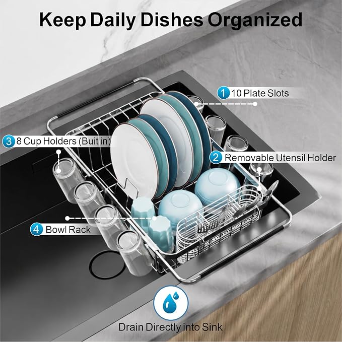 GSlife Dish Drying Rack Over the Sink - Expandable Stainless Steel Drainer | Twist-Lock Adjustable Handle, Cup Hooks, Utensil Holder, Compact Design for Apartments, RVs & Small Kitchens, Rust-Resistant