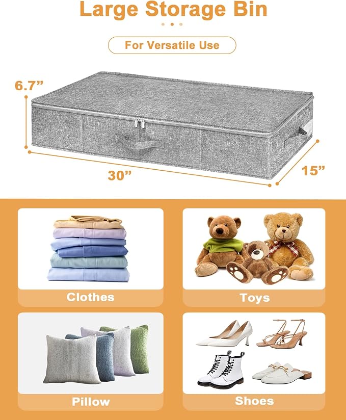 punemi Under Bed Storage, 3 Pack Underbed Storage Container Bags With Lid, Foldable Sturdy Clothes Storage Drawer Organizer W/ 3 Handles, Ultra Thick Fabric Blanket Shoe Storage Box, Grey | Rigid Sides & Bottom, 50L Large Capacity for Evening Gowns & H...