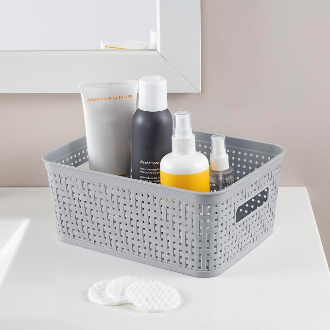 Sterilite 16 Pack Plastic Storage Bin Organization Containers, Short Baskets, Cement