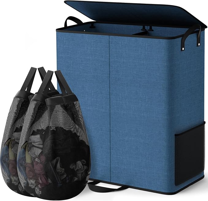 155L 2 Section Laundry Hamper with Lid, Laundry Basket, Blue | Large Laundry Hampers with Reinforced Handles & Removable Bags, Tall Dirty Clothes Hamper for Laundry Room, Bedroom, Bathroom