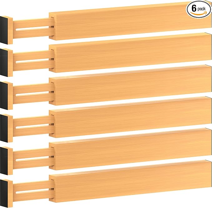 6-Pack Bamboo Drawer Dividers - 2.6 in High, Adjustable 16 to 22 in Expandable Drawer Organizers and Dresser Separators for Clothes, Bedroom, Bathroom, Kitchen, and Office Organization and Storage