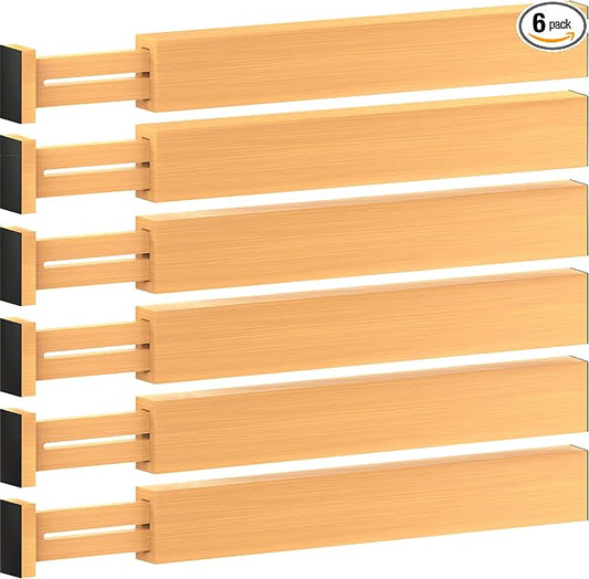 6-Pack Bamboo Drawer Dividers - 2.6 in High, Adjustable 16 to 22 in Expandable Drawer Organizers and Dresser Separators for Clothes, Bedroom, Bathroom, Kitchen, and Office Organization and Storage
