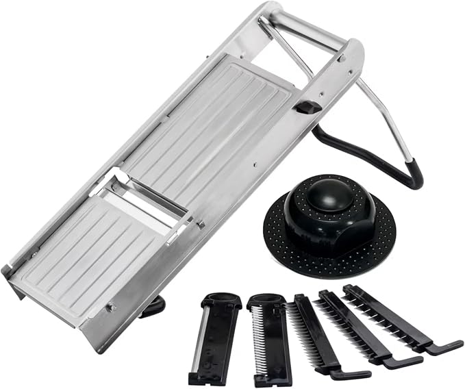 TableCraft 12629 Mandoline Slicer Set, Stainless Steel Adjustable Vegetable Slicer with 5 Interchangeable Blades, Non-Skid Folding Stand, Dishwasher Safe, Commercial Prep Tool