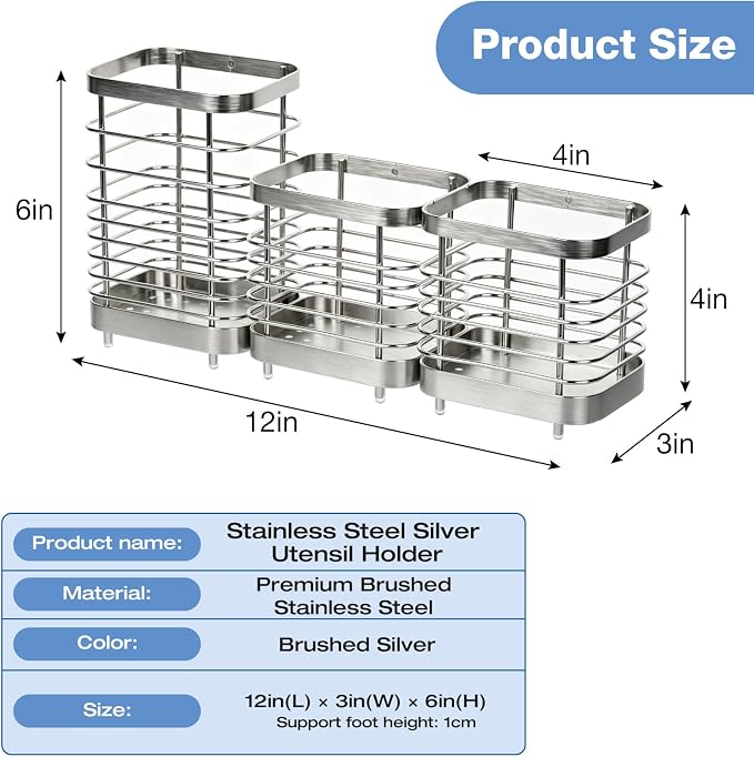 Utensil Holder, Stainless Steel Utensil Drying Rack for Kitchen Counter, Silverware Cutlery Flatware Holder Forks, Knives, Spoons, Chopsticks Organizer (1 Large + 2 Small)