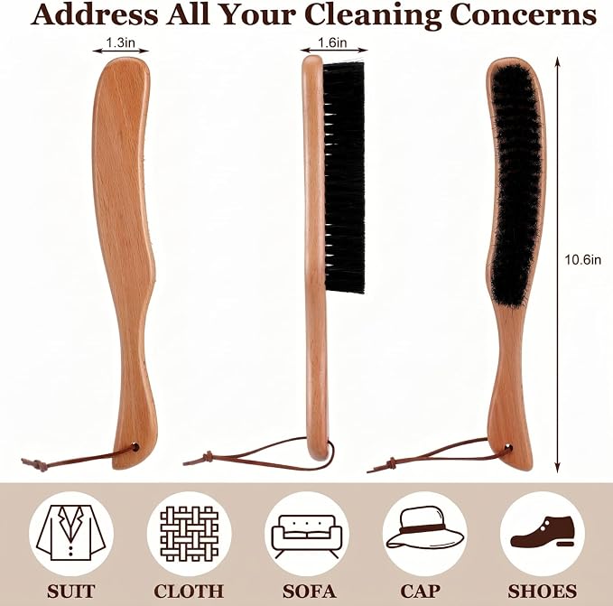 2 Pcs Lint Brushes for Clothes with 100% Soft Horse Hair Bristle Beech Wood Handle Natural Reusable Garment Brush Lint Remover for Hat Wool Coats Suits Hat Velvet Furniture Pet Hair Shoe