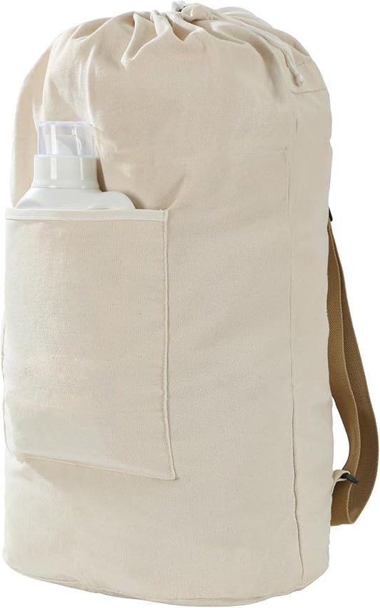 Canvas Laundry Bag, Laundry Backpack, Beige, XX-Large | Washable Laundry Collector,Thick Woven Adjustable Shoulder Straps,Large Front Pocket,Drawstring Closure,for College,Camping