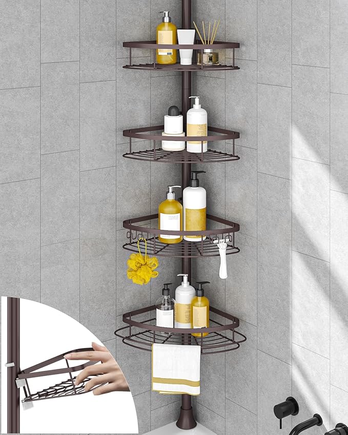 SEIRIONE Rustproof Shower Corner Caddy Organizer for Bathroom, Tension Pole with 4 Baskets, for Bathtub Storage Rack, 34 to 116 Inch Height, Bronze