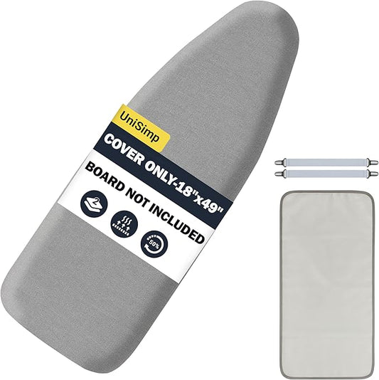 UniSimp Ironing Board Cover and Pad 18"x49" Extra Thick Natural Cotton, Scorch and Stain Resistant Iron Board Cover, Wide Ironing Board Cover with Fasteners Heavy Duty Heatproof Elastic Edge Gray