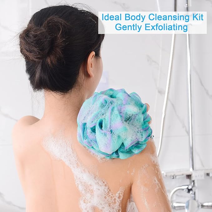 AmazerBath Loofah Sponge 75g/Piece, Exfoliating Bath Sponge Body Scrubber - Loofa Set of 4 Flower Color (Large, Green-Purple)