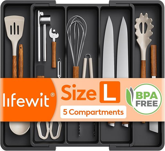 Lifewit Utensil Organizer, Adjustable Kitchen Drawer Organizer, Expandable Cooking Utensil and Cutlery Tray, Plastic Divider Holder Black 11.4-19.8" x 14.5"