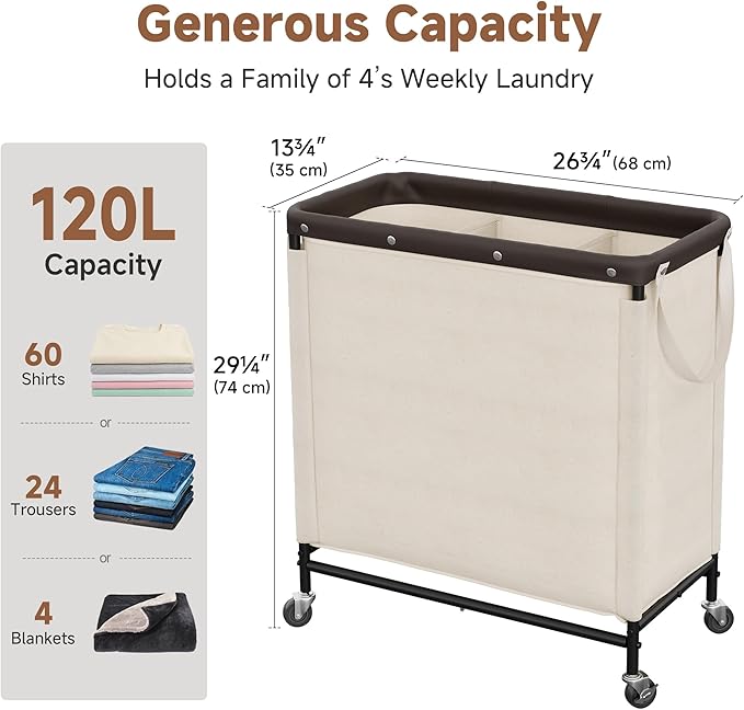 StorageWorks 3 Section Laundry Hamper, 120L Beige Sorter Cart with Wheels