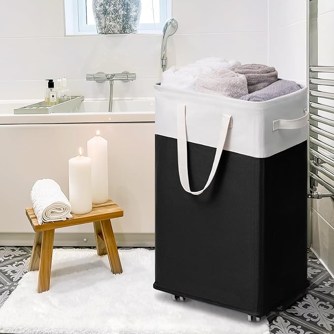 Goodpick 75L Rolling Laundry Basket with Wash Bag, Laundry Hamper for Dorm | Laundry Hamper with Wheels & Handles for Dirty Clothes, Clothes Hamper, Dorm Room Essentials, Black & White