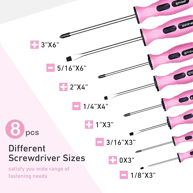 FASTPRO 12-Piece Pink Magnetic Screwdrivers Set with Slotted Phillips Screwdrivers and Precision Screwdrivers, Repair Tool Kit for Women with Storage Bag | 4 Phillips & 4 Slotted Tips, 4 Precision Screwdrivers, CR-V Steel, Ergonomic Handles, Home Repai...