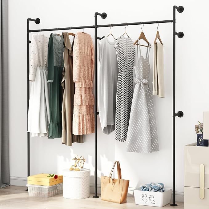 ORSENIGO Industrial Pipe Clothing Rack, Heavy Duty Clothes Rack for Hanging Clothes, Wall Mounted Display Garment Rack for Home Retail Boutique (Double, Black)