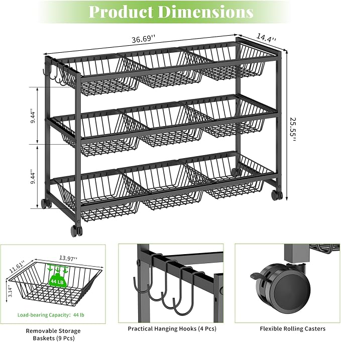 3-Tier Rolling Pantry Cart on Wheels with 9 Removable Baskets, Sturdy Pantry Floor Organizer and Storage, Kitchen Storage Cart for Fruit Vegetables, Snack Organizer for Pantry Kitchen Living Room