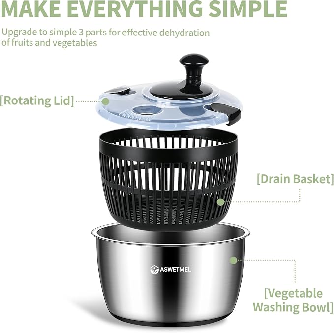 5.3QT Large Stainless Steel Salad Spinner, ASWETMEL Metal Salad Spinner with Locking Lid & Non-Slip Base, Lettuce Spinner for Washing and Drying Fruits Vegetables, Salad Dryer Spinner for Kitchen