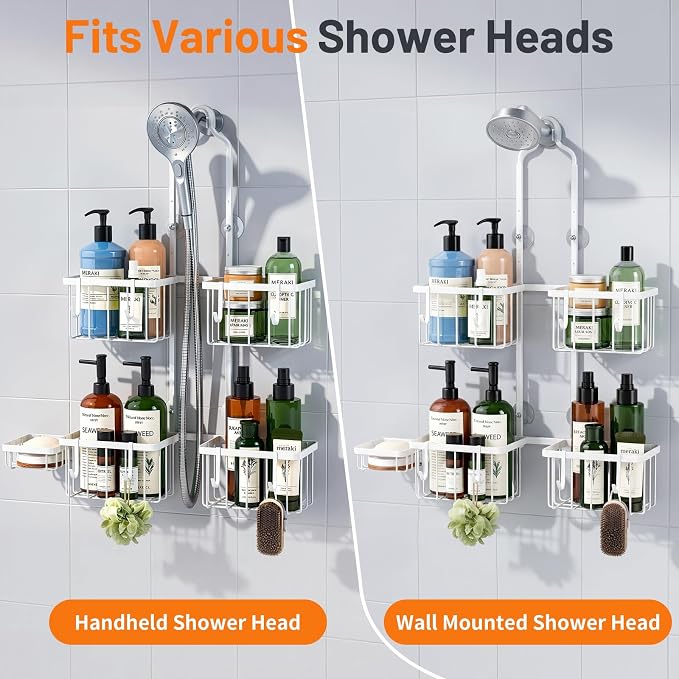 Luxspire Shower Caddy Hanging for Handheld Shower Heads,Rustproof Adjustable Shower Rack Hanger,Stainless Steel Bathroom Shower Organizer and Storage for Shampoo with Hook Soap Toothbrush Holder,White