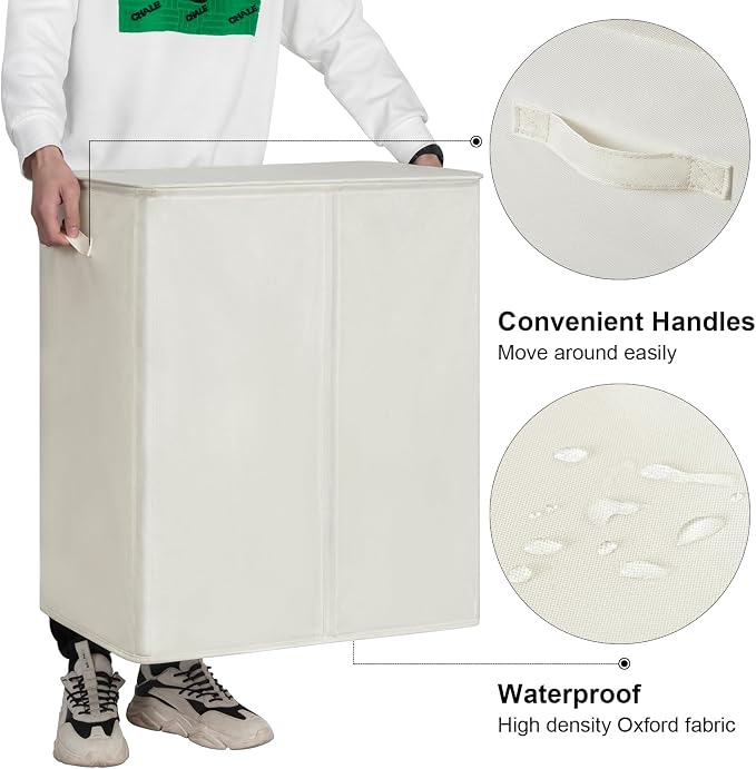 WOWLIVE 140L Double Laundry Hamper 2 Section with Lid and Removable Bags | Divided Laundry Basket, Large Dirty Clothes Hamper with Handle, Collapsible Laundry Storage for Dorm Room, College, Beige