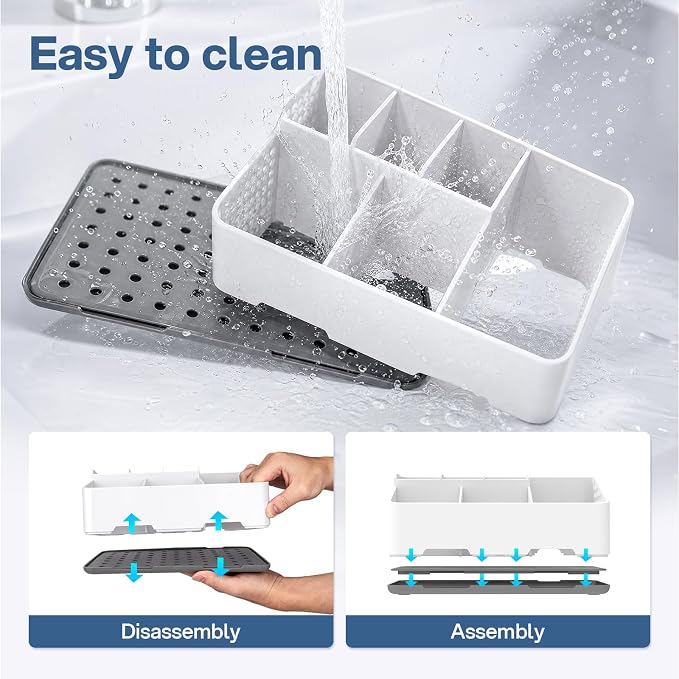 TQRR Bathroom Countertop Organizer -6 Slots Drain Tray Toothbrush Holders | Cord Hole Electric Toothbrush and Toothpaste Holder, Vents, Anti-Slip Base Vanity Storage for Bathroom Sink Accessories Grey