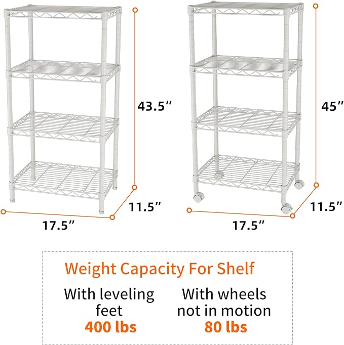 SINGAYE 4 Shelves Storage Shelf Wire Shelving Unit Metal Adjustable Wheels | Small Shelf Storage with Wheels Organizers Closet Unit for Bathroom Laundry Room Kitchen Pantry11.5D x 17.5W x 45H White