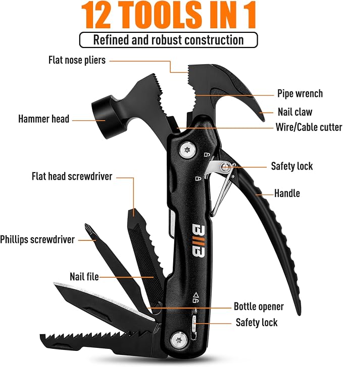 BIIB Gifts for Men, 12 in 1 Hammer Multitool, Stocking Stuffers for Men | Anniversary Birthday Gifts for Mens, Camping Essentials Survival Tool, Mens Gift for Him Dad Husband, Dad Gift for Christmas