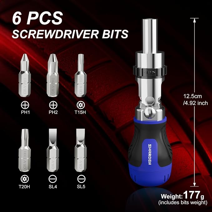 8 in 1 Stubby Ratcheting Screwdriver, Multi Bit Screwdriver Tool | All in One with 6 CRV Bits Phillips, Slotted, Torx,180 Degree Pivoting Adjustable Angle Screw Driver Set for Tight Spaces