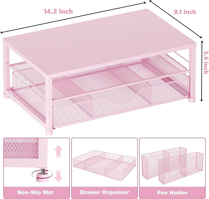OPNICE Desk Organizer and Accessories, 2-Tier Computer Monitor Stand Riser with Drawer and 2 Pen Holders, Laptop Stand, Office Desk Accessories for Office Supplies, 1 Pack, Pink