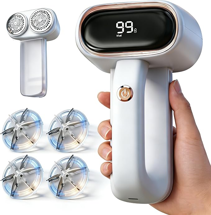 Fabric Shaver, Dual Head Lint Remover, LCD & 6-Blade, Rechargeable, White | rechargeable sweater defuzzer for clothes couch furniture upholstery pet hair pilling remover portable