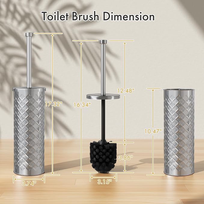 Toilet Bowl Brush and Holder Set 2 Pack with 4 Extra Brush Heads | Extra Long Handle with Splash Guard Cover, Tool-Free Installation, Bathroom Space-Saving, Cleaner Sets for Apartments, RV (Silver)