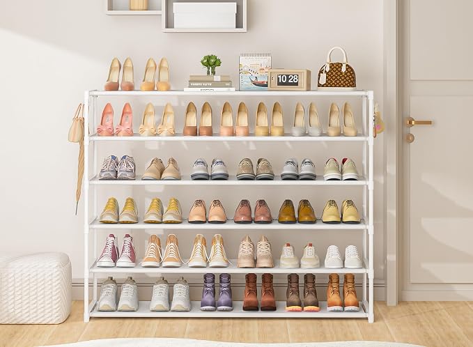 LUKYTOWER Extra Long Shoe Rack 6 Tier 39Pairs with 2 Hooks | Sturdy Wide Stackable Shoe Organizer for Closet, Entryway, Front Door Entrance, Durable Shoe Shelf Stand, Black Shoe Storage