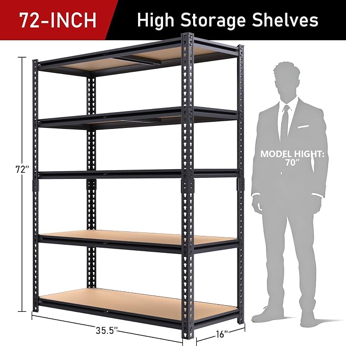 72" H Garage Storage Shelves,Storage Shelves Heavy Duty,2400LBS Heavy Duty Garage Shelving,Adjustable 5 Tier Shelving for Garage Storage,Warehouse,16"x35.5"x72"