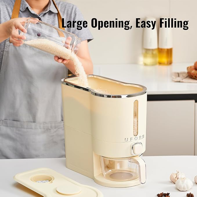 UFORU Rice Dispenser, Rice Storage Container with Measuring Cup for Kitchen Pantry Household, Dry Food Storage Containers Airtight, Sealed Moisture Proof, Cream White 13 Lbs