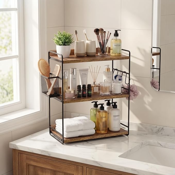 3-Tier Bathroom Counter Organizer with Basket, Brown | Wood Shelf for Skincare & Makeup, Sturdy & Space Saving, for Kitchen, Bathroom, Dresser