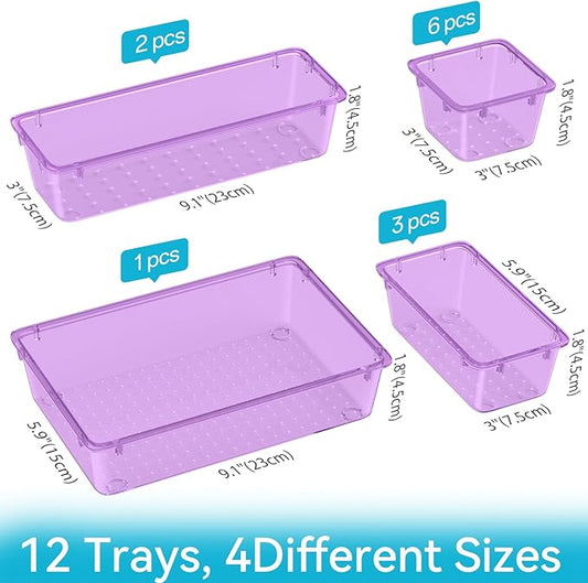 ElegantArray 12-Piece Drawer Organizer Set, 4 Sizes Versatile Plastic Vanity Organizer for Makeup, Stationery, Gadgets, in Kitchen, Bathroom, Office, and Bedroom, Purple