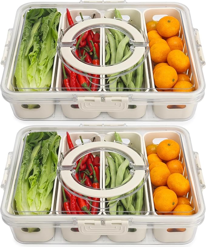 Salad Bar Containers for Fridge with Lid and Handle, Fruit Storage Containers with 4 Removable Colanders, Berry Box Fresh Produce Saver for Fruit, Veggie, Refrigerator, Kitchen, Picnic, 2 Pack