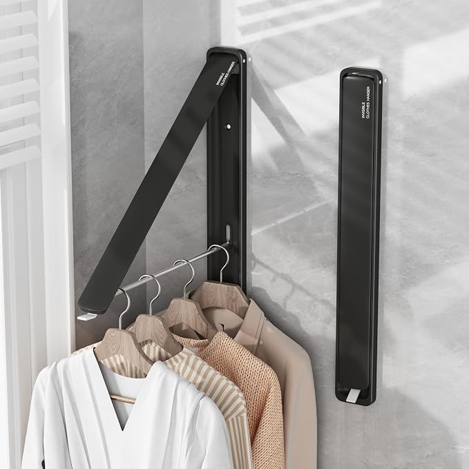 Folding Clothes Hanger Rack Wall mounted for Laundry Clothes Drying Rack | Foldable Hanger Rack Laundry Hanger Dryer Rack, Easy to Install, Closet Storage Organization, Space Saving Aluminium, Black