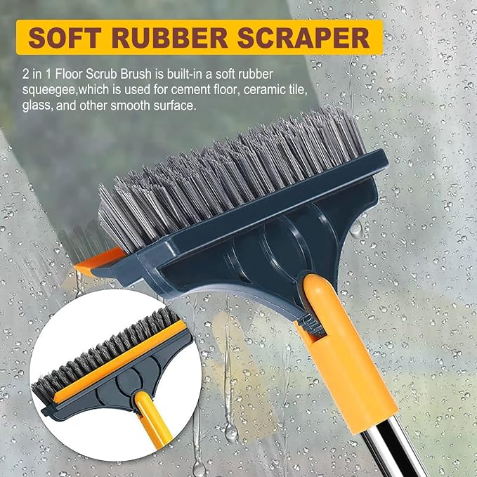 2 in 1 Cleaning Scrub Brush Grout Brush Scrape Floor Scrub Brush with Long Handle V-Shape Stiff Bristle Brush Scrubber with Squeegee 120°Rotating Shower Scruber for Cleaning Bathroom Glass Wall