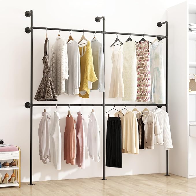 ORSENIGO Industrial Pipe Clothing Rack, Heavy Duty Metal Clothes Rack with Double Rods for Hanging Clothes, Wall Mount Space-Saving Garment Display Rack (Double, Black)