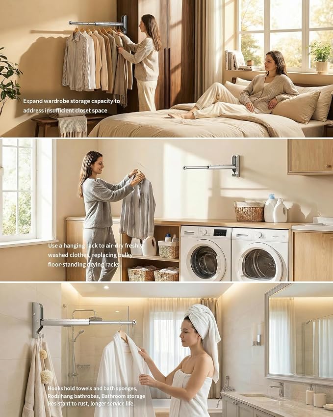 BaiNong Pull Out Wall Mounted Clothes Drying Rack Silver 13" Foldable | Laundry and Drying Solutions for Small Spaces Easy to Install