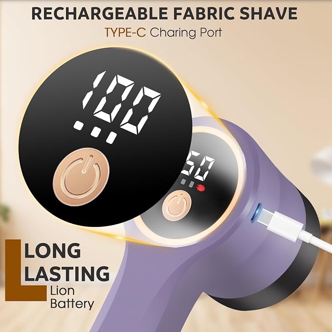 Rechargeable Fabric Shaver, Electric Lint Remover with Digital Display,Portable Sweater Defuzzer with 3 Speeds,6 Leaf Blades, Lint Shaver for Clothing,Furniture, Sofa,Sweater,Blanket…