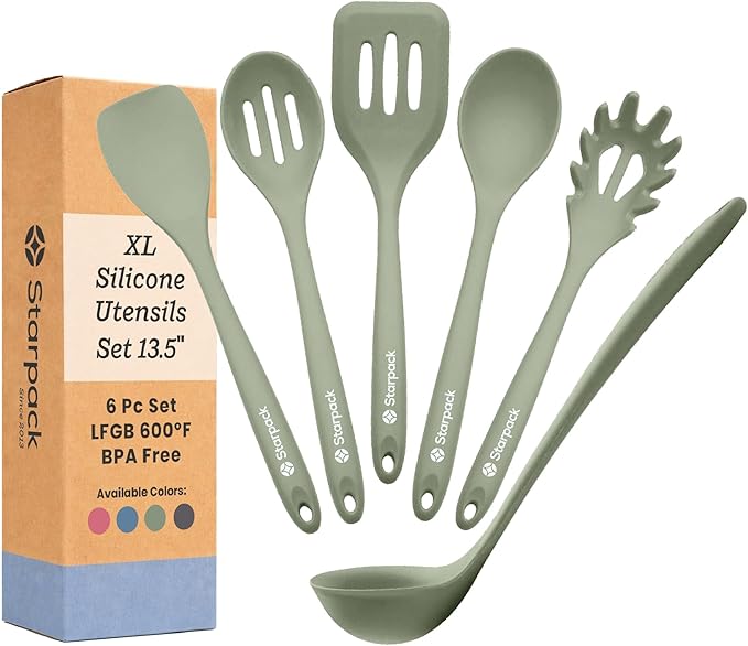 Starpack Like a Boss XL Silicone Cooking Utensils Set (6-Piece, 13.5") - LFGB Certified, 600°F Heat Resistant, BPA-Free - Heavy-Duty Steel Core, Dishwasher Safe - for Nonstick Cookware, Sage Green