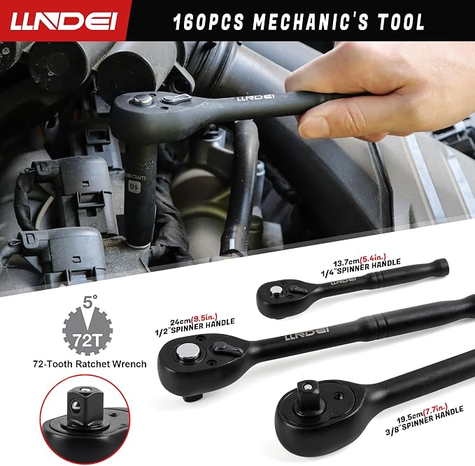 160Pc Mechanics Socket Set 1/2 1/4 3/8" Drive Metric | CR-V Deep & Shallow Sockets, Metric, Quick Release Ratchet, Professional Tool Kit for Auto Repair, Truck, Garage & Home DIY