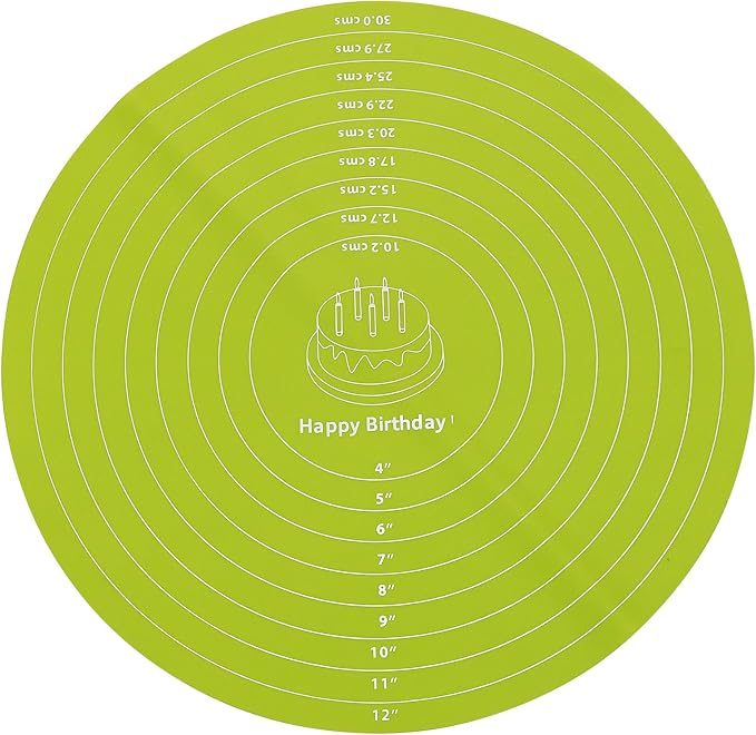 12 Inch Round Silicone Cake Mat with Measurements, Non-Stick Baking Mat for Cake Turntable, Dough Rolling, Cookies & Pizza, Heat Resistant Reusable Pastry Pad(Green)