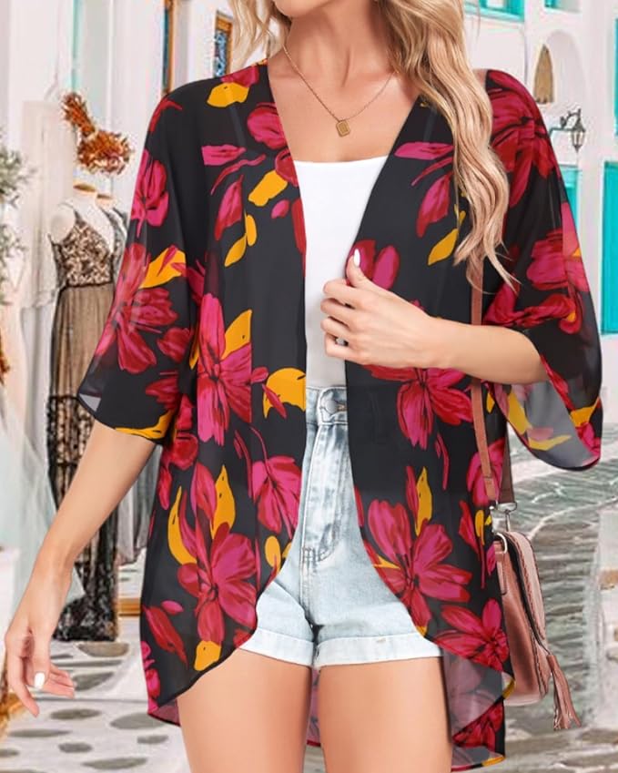 Women Kimono Cardigans Summer Cover Up Hawaiian Shirts Floral Print Tops | ROSEMIA chiffon kimono open front cardigans, beach cover ups, daily casual tops, cruise outfits, summer resort wear