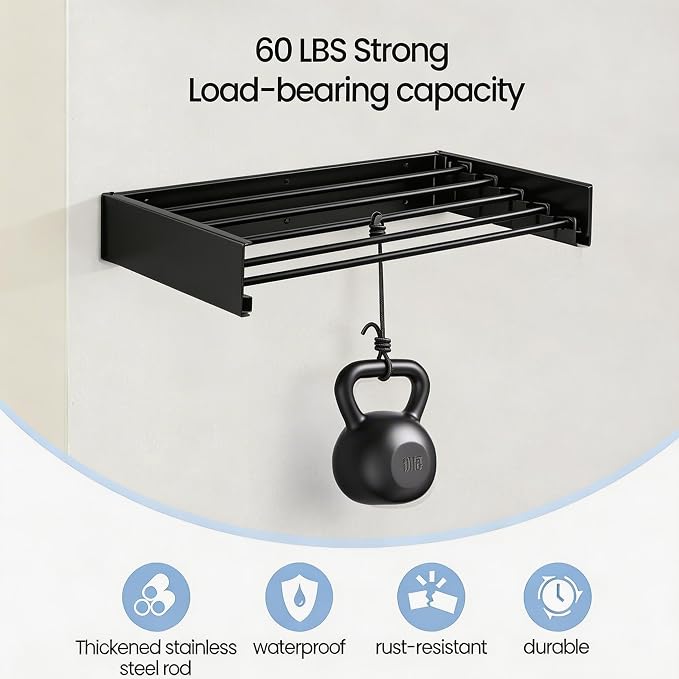 Wall Mounted Laundry Drying Rack, Carbon Steel Foldable & Retractable Clothes Drying Rack, Space Saving Adjustable Towel Holder for Bathroom, Laundry, Small Spaces (1, Black, 50cm)