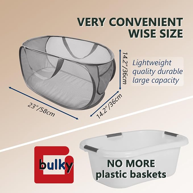 Pop Up Laundry Hamper,Collapsible Horizontal Baskets with Handles & Side Pocket,Foldable Sturdy mesh for Laundry Room,Bathroom,Kids Room,College Dorm or Travel (Double Grey)