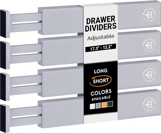 4-Pack Bamboo Drawer Dividers - 12.2 to 17.3 Inches Deep, 2.6 Inches High, Adjustable Expandable Drawer Organizer Dresser Separator for Clothes, Utensils, Kitchen, Bathroom, Office Storage, Gray