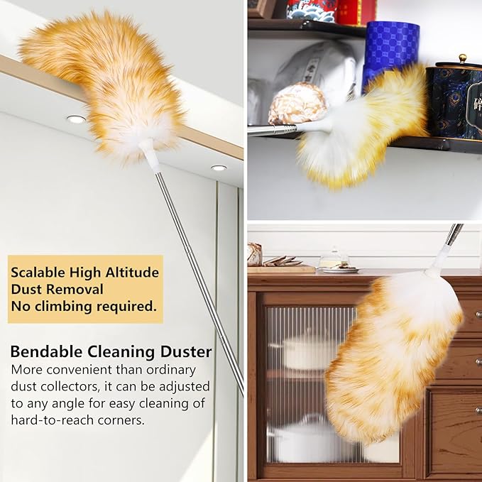 Lambswool Extendable Duster 29-110 Inch, Anti-Static Flexible Head, Stainless Steel Pole for High Ceilings, Fans, Interior & Roof Dusting.