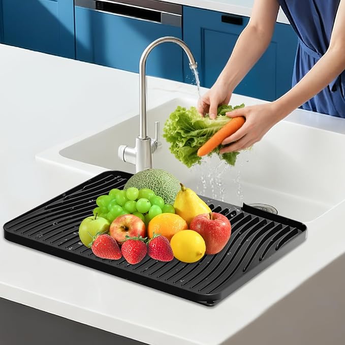 Silicone Dish Drying Mat for Kitchen counter, 19.7"x17" Extra Large Non-Slip Drain Pad with Built-in Drainage, Heat Resistant Dishwasher Safe, Black