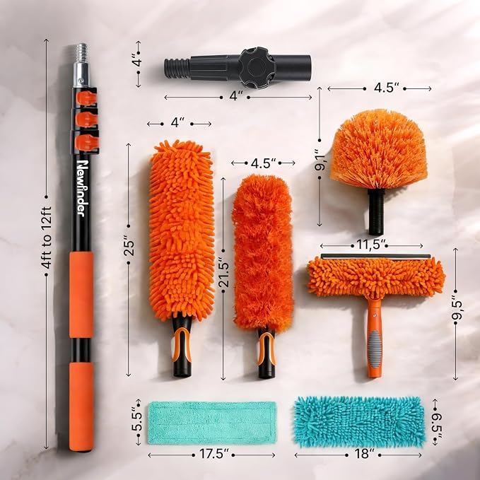 20ft High Ceiling Duster Kit, 4-12ft Heavy-Duty Extension Pole, Long Handle | Ceiling Fan Duster, Cobweb Duster, Microfiber Duster, Window Squeegee & Cleaner, Wall Duster for High Reach Cleaning, 11Pcs